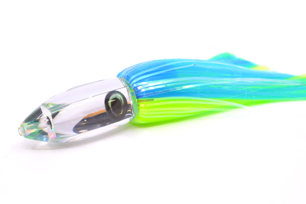 Moyes Lures Clear Mirrored Medium Ono Bullet 9" 5.5oz Skirted Ice Blue-Chartreuse Hair