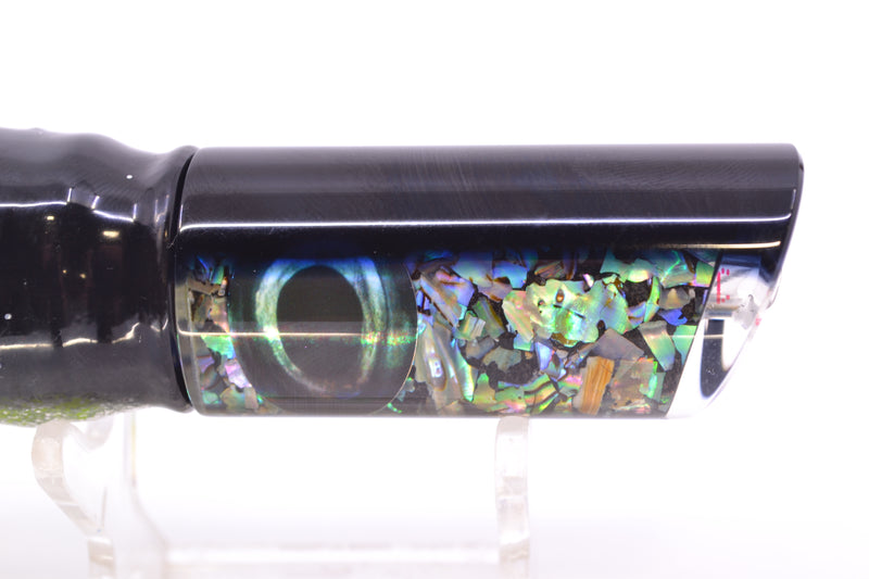 Moyes Lures S&P Black Back Taxi Eyes Small Pipe Bomb 9" 4oz Skirted Black-Silver/Rainbow