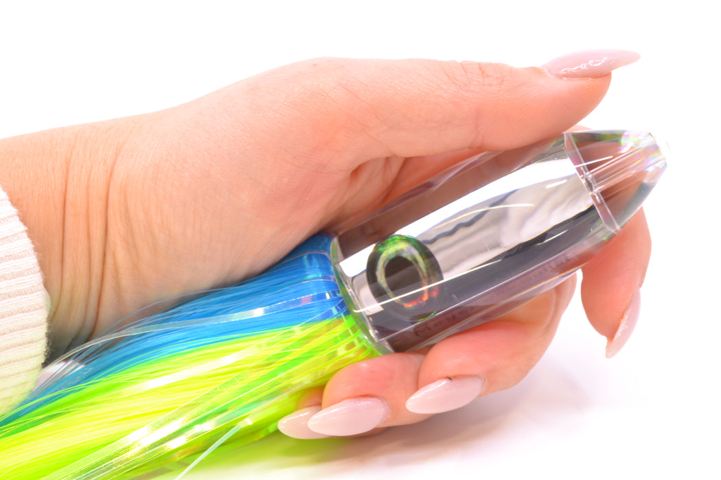 Moyes Lures Clear Mirrored Medium Ono Bullet 9" 5.5oz Skirted Ice Blue-Chartreuse Hair