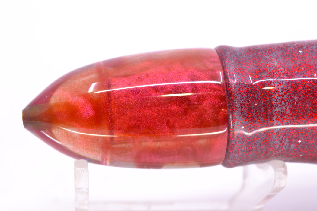 Bomboy Lures Blood Splatter MOP Red Back Baby Bomb 9" 5oz Skirted Red Glitter/Red