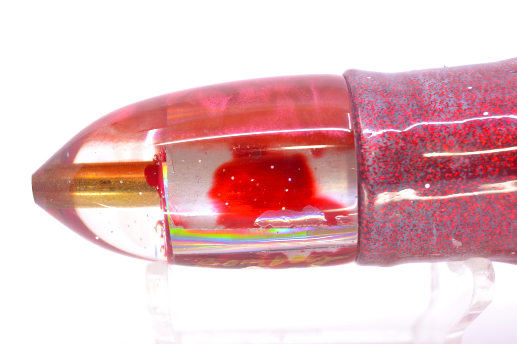 Bomboy Lures Blood Splatter MOP Red Back Baby Bomb 9" 5oz Skirted Red Glitter/Red
