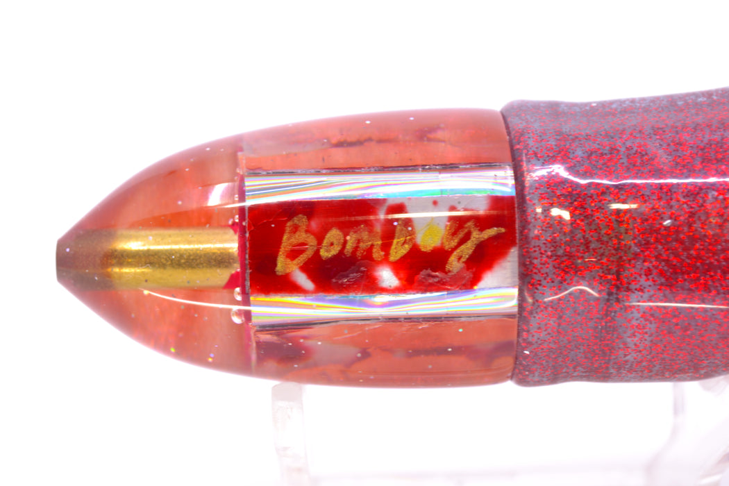 Bomboy Lures Blood Splatter MOP Red Back Baby Bomb 9" 5oz Skirted Red Glitter/Red