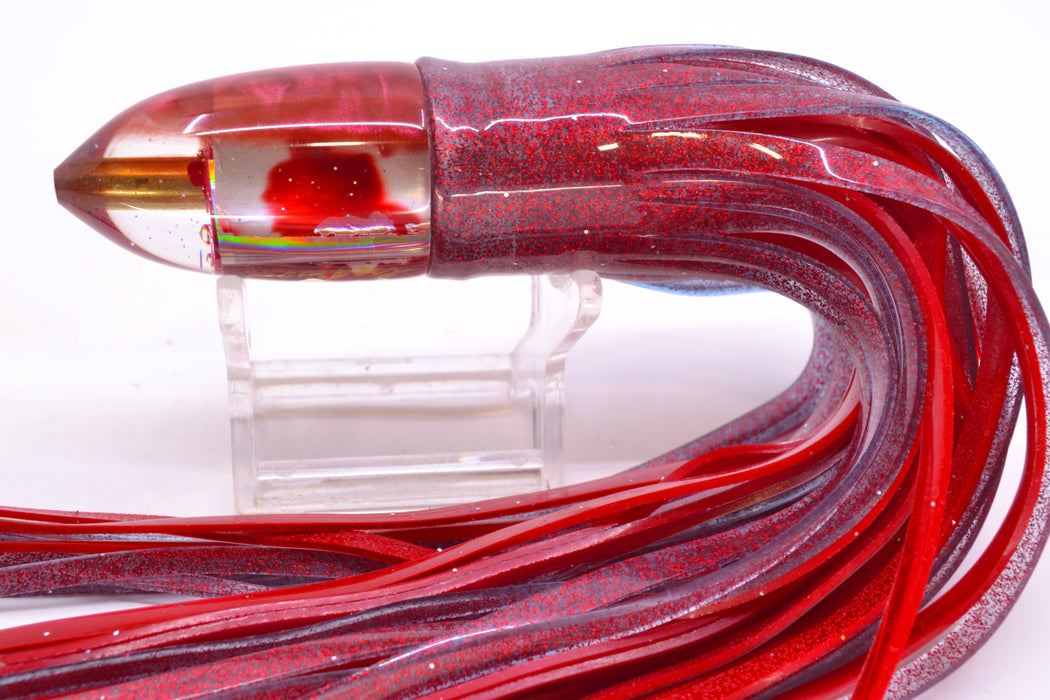 Bomboy Lures Blood Splatter MOP Red Back Baby Bomb 9" 5oz Skirted Red Glitter/Red
