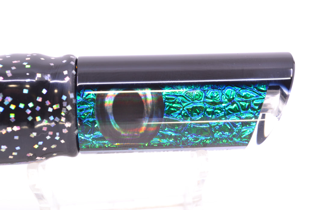 Moyes Lures Green-Blue Oil Slick Black Back Small Pipe Bomb 9" 4oz Skirted Black Aurora