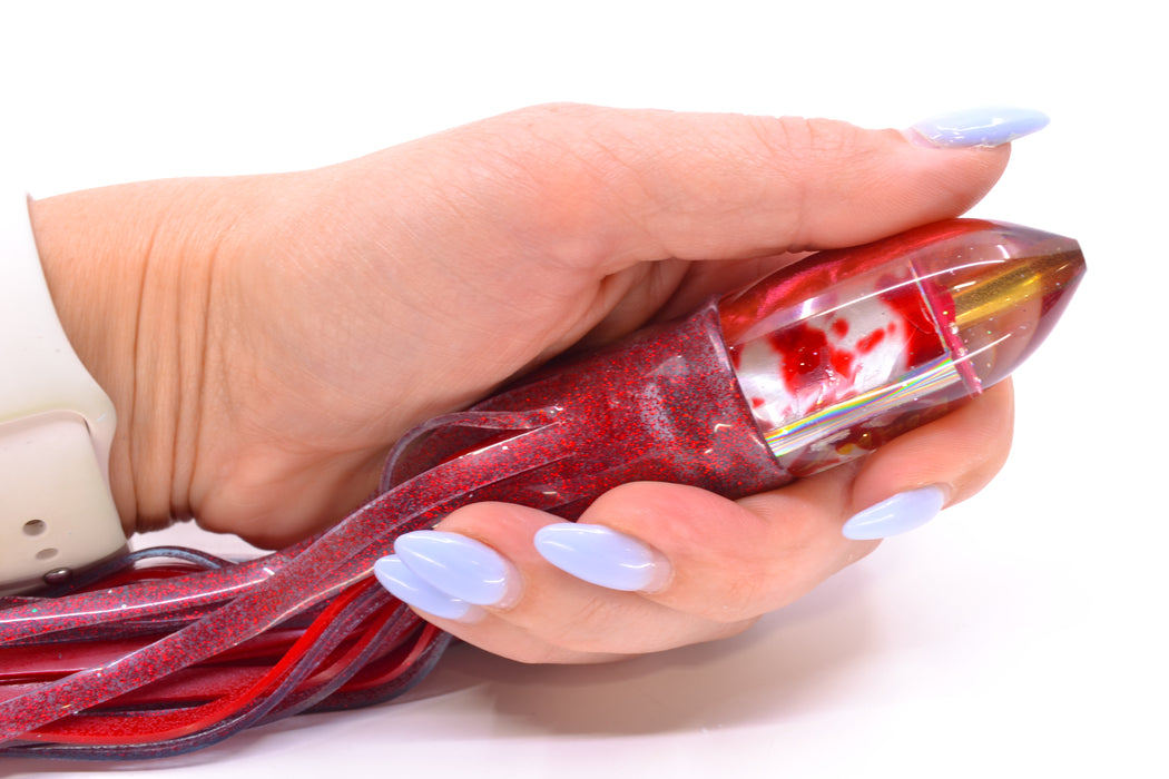 Bomboy Lures Blood Splatter MOP Red Back Baby Bomb 9" 5oz Skirted Red Glitter/Red