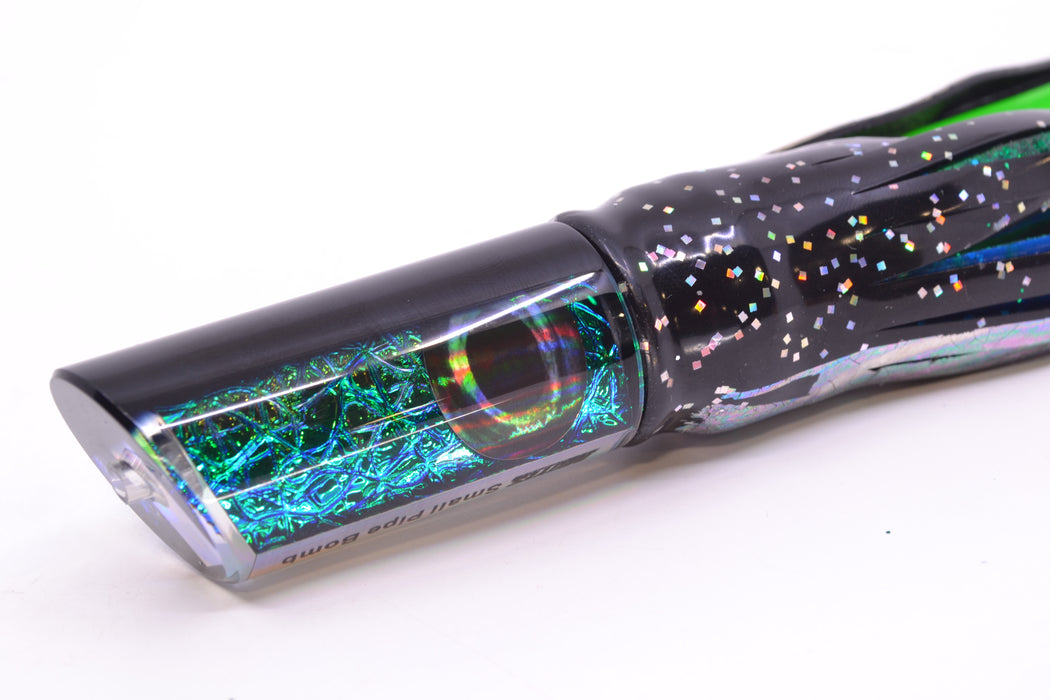 Moyes Lures Green-Blue Oil Slick Black Back Small Pipe Bomb 9" 4oz Skirted Black Aurora