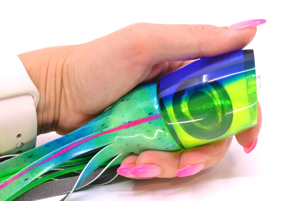 Moyes Lures Chartreuse MOP Blue Back Taxi Eyes Bushmaster 12" 7.5oz FT Vinyl Mad Mahi