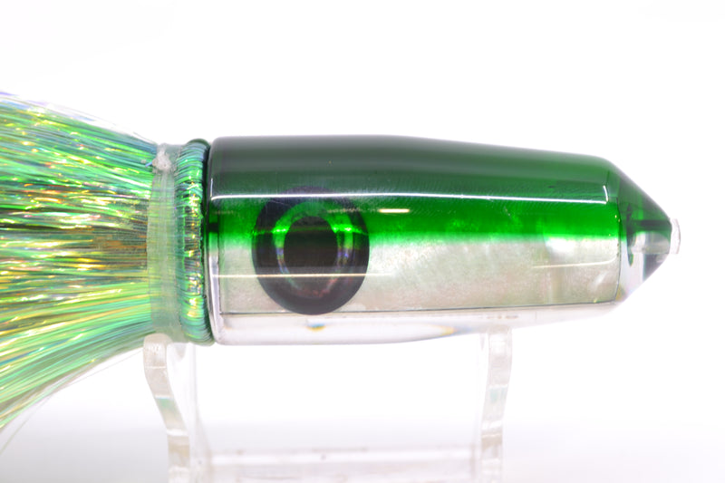 Moyes Lures White MOP Green Back Sicario Bullet 8" 4.8oz Flashabou Green/White