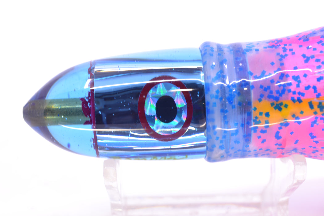 Bomboy Lures Ice Blue Chrome Baby Bomb 9" 5oz Skirted Blue Glitter/Pink-Yellow Stripe