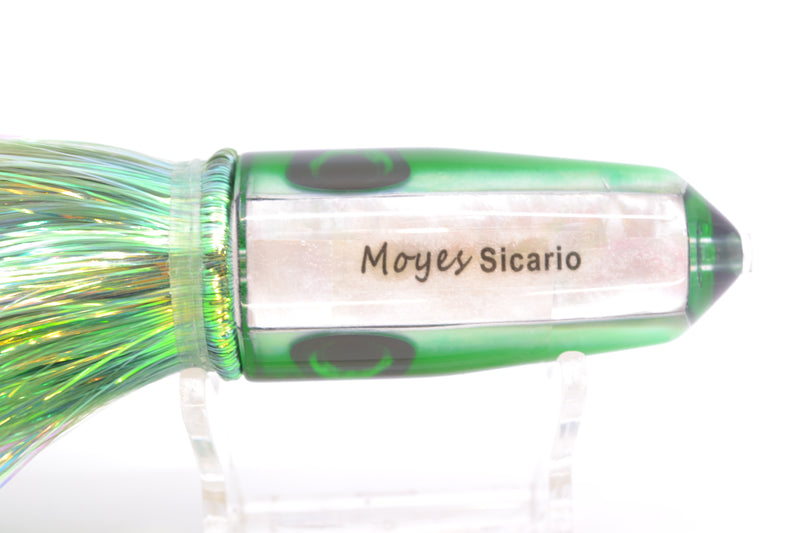 Moyes Lures White MOP Green Back Sicario Bullet 8" 4.8oz Flashabou Green/White