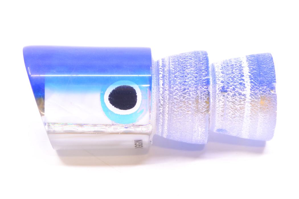 Coggin Lures Real White MOP Blue Rainbow Scale Back Black-White-Rainbow Eyes Peanut Pusher 5.5" 1oz