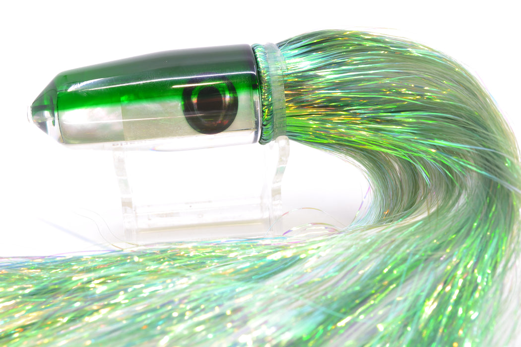 Moyes Lures White MOP Green Back Sicario Bullet 8" 4.8oz Flashabou Green/White GZE