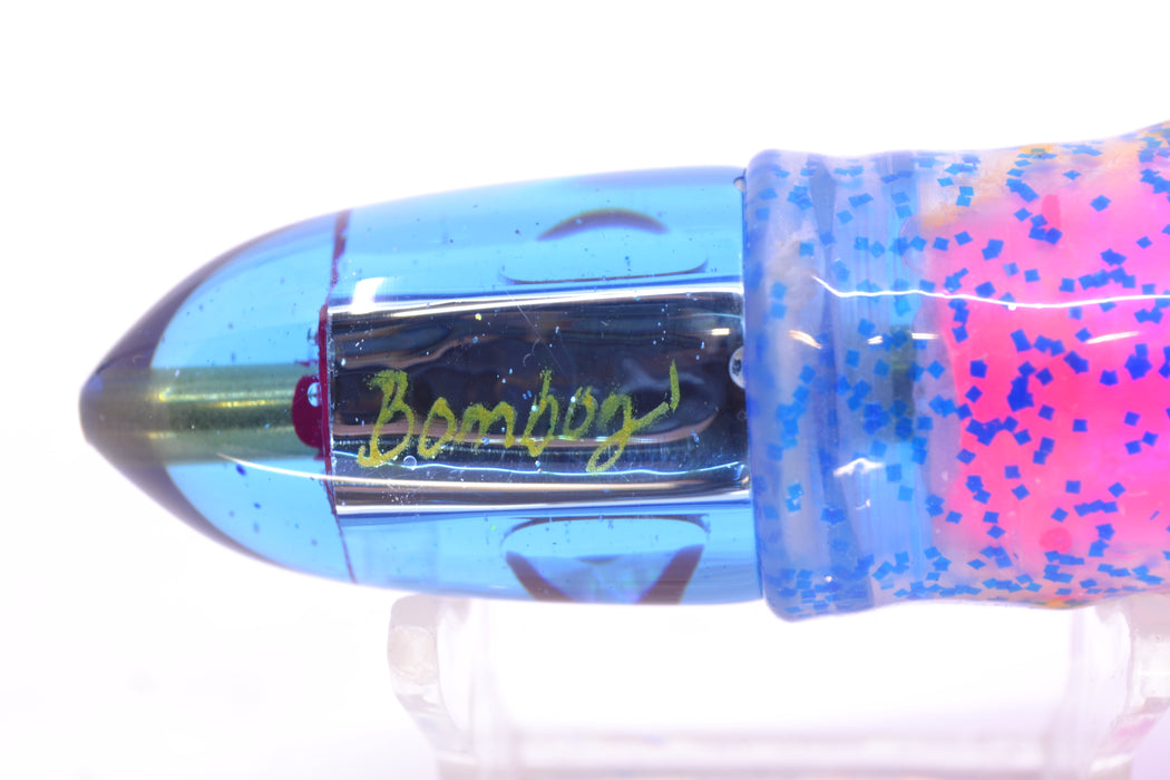 Bomboy Lures Ice Blue Chrome Baby Bomb 9" 5oz Skirted Blue Glitter/Pink-Yellow Stripe