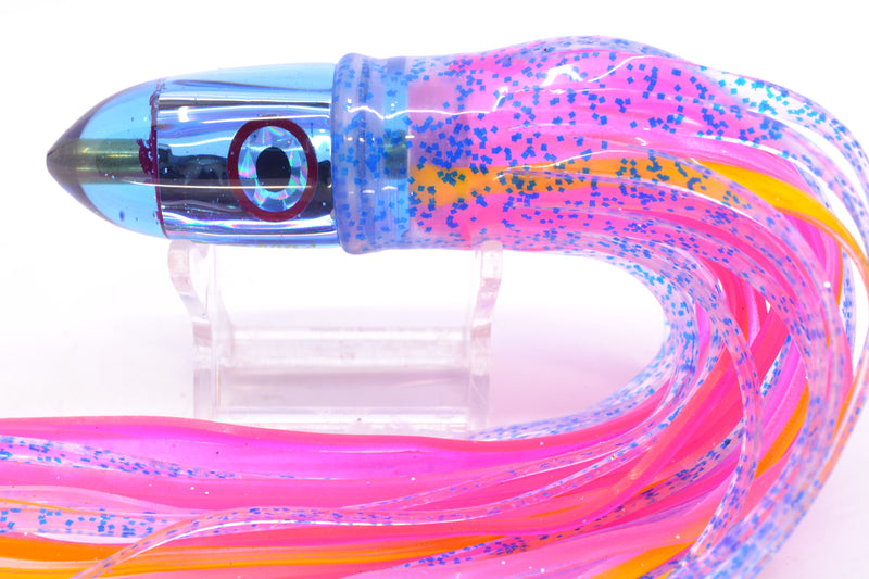 Bomboy Lures Ice Blue Chrome Baby Bomb 9" 5oz Skirted Blue Glitter/Pink-Yellow Stripe