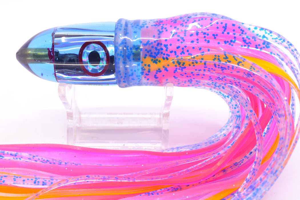 Bomboy Lures Ice Blue Chrome Baby Bomb 9" 5oz Skirted Blue Glitter/Pink-Yellow Stripe