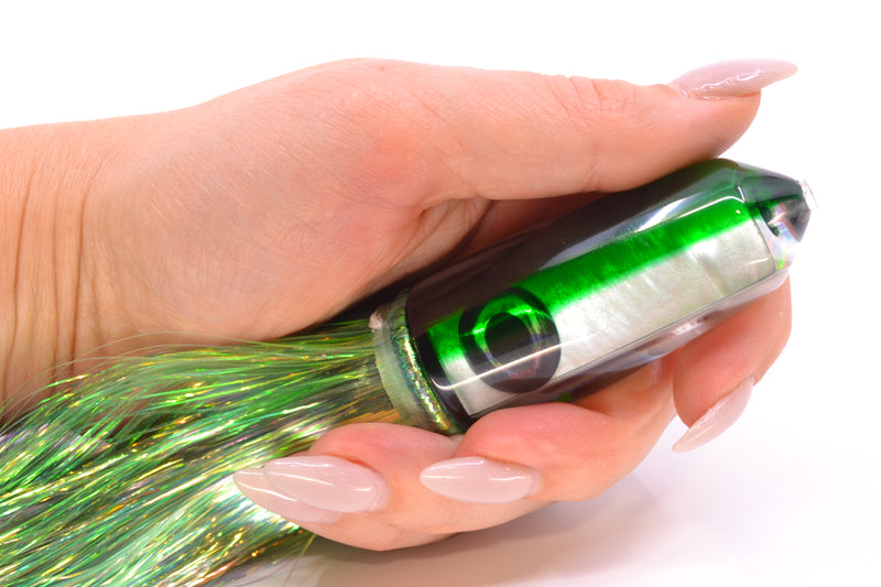 Moyes Lures White MOP Green Back Sicario Bullet 8" 4.8oz Flashabou Green/White