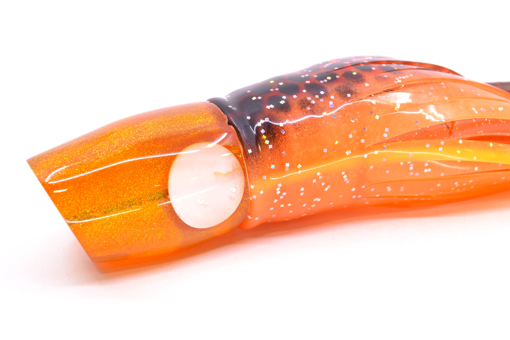 Joe Yee Lures by KEGZ Amber Pearl Real Shell Eyes Apollo 12" 7.4oz Skirted Orange-Black Dots