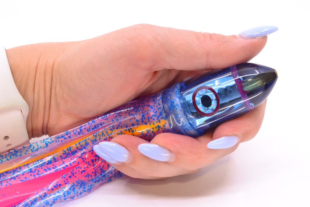 Bomboy Lures Ice Blue Chrome Baby Bomb 9" 5oz Skirted Blue Glitter/Pink-Yellow Stripe