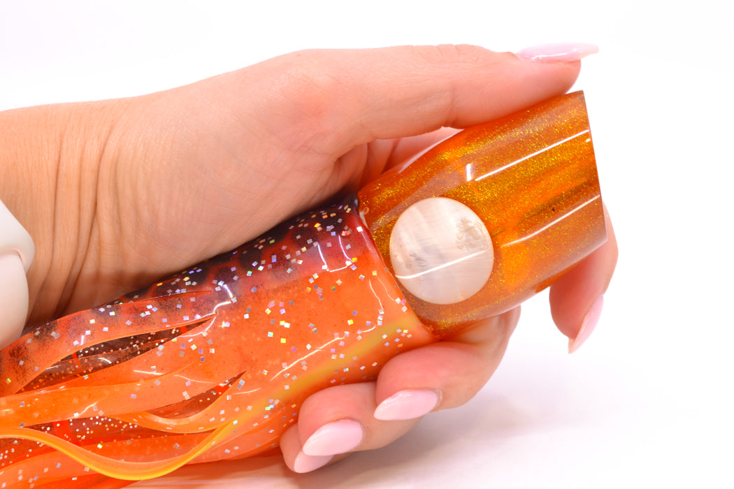Joe Yee Lures by KEGZ Amber Pearl Real Shell Eyes Apollo 12" 7.4oz Skirted Orange-Black Dots