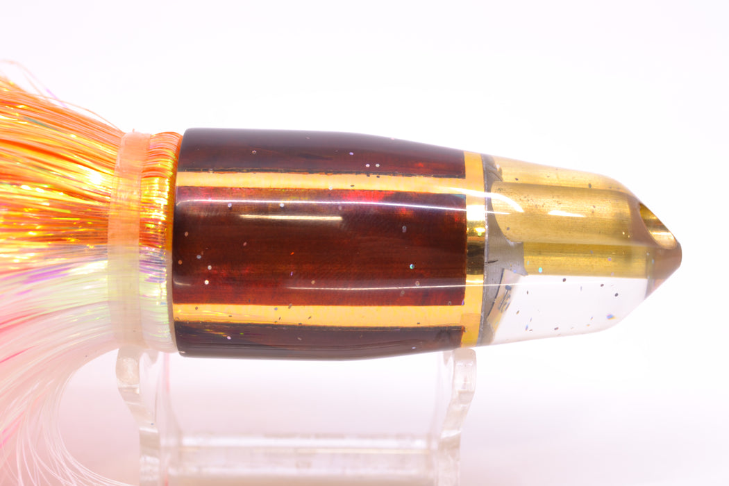 Tanigawa Lures Root Beer MOP 2-Hole Bullet 9"+ 8.5oz Flashabou Orange-White/Pink