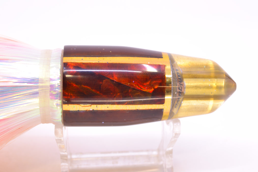 Tanigawa Lures Root Beer MOP 2-Hole Bullet 9"+ 8.5oz Flashabou Orange-White/Pink