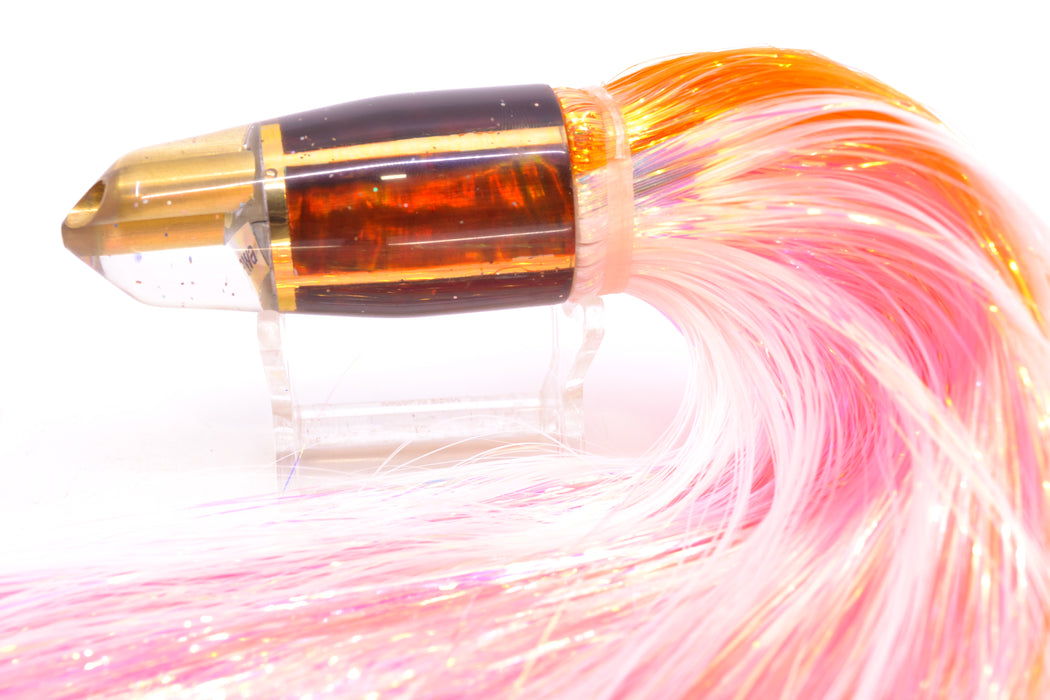 Tanigawa Lures Root Beer MOP 2-Hole Bullet 9"+ 8.5oz Flashabou Orange-White/Pink