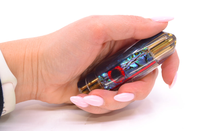 Big Reidee Blue-Green Paua Shell Blue Back Black-Red Eyes 4-Hole Bullet 9" 4.7oz