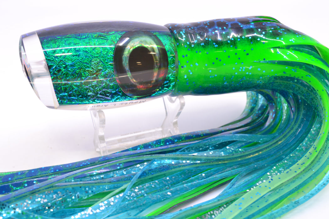 Moyes Lures Blue-Green Oil Slick Taxi Eyes Large Argus 14" 10oz Skirted Black Dots-Blue Dots