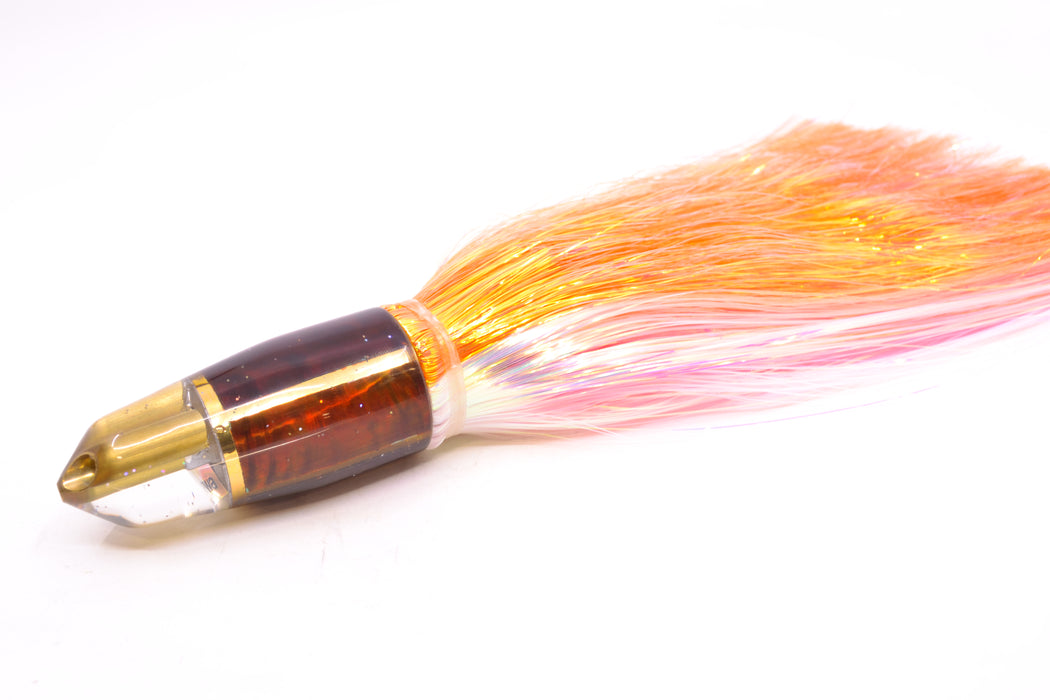 Tanigawa Lures Root Beer MOP 2-Hole Bullet 9"+ 8.5oz Flashabou Orange-White/Pink