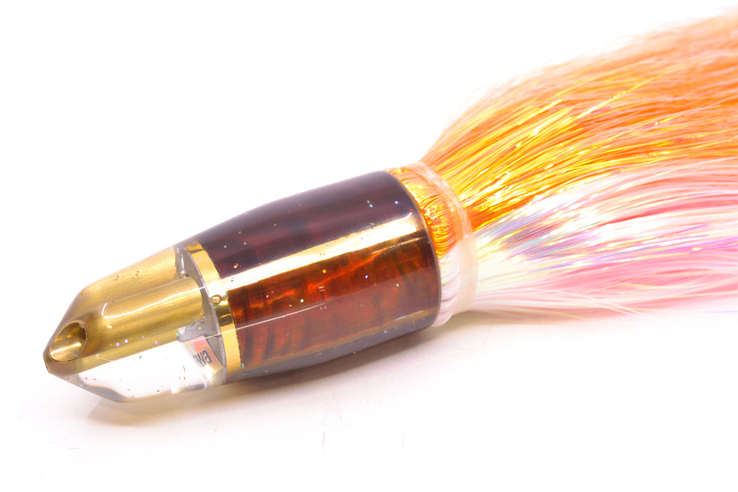 Tanigawa Lures Root Beer MOP 2-Hole Bullet 9"+ 8.5oz Flashabou Orange-White/Pink