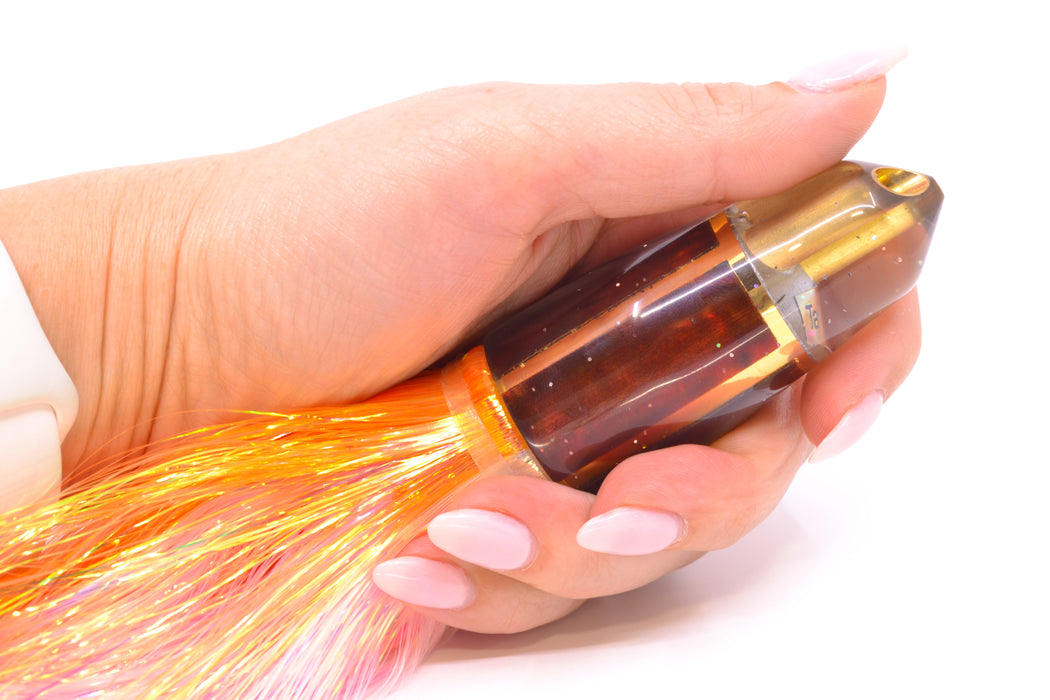 Tanigawa Lures Root Beer MOP 2-Hole Bullet 9"+ 8.5oz Flashabou Orange-White/Pink