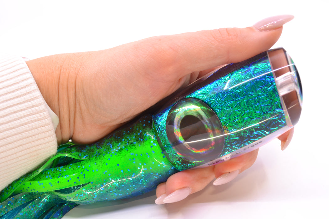 Moyes Lures Blue-Green Oil Slick Taxi Eyes Large Argus 14" 10oz Skirted Black Dots-Blue Dots