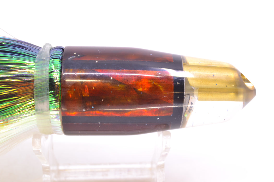 Tanigawa Lures Root Beer MOP 2-Hole Bullet 9"+ 8.5oz Flashabou Black-White/Orange-Yellow