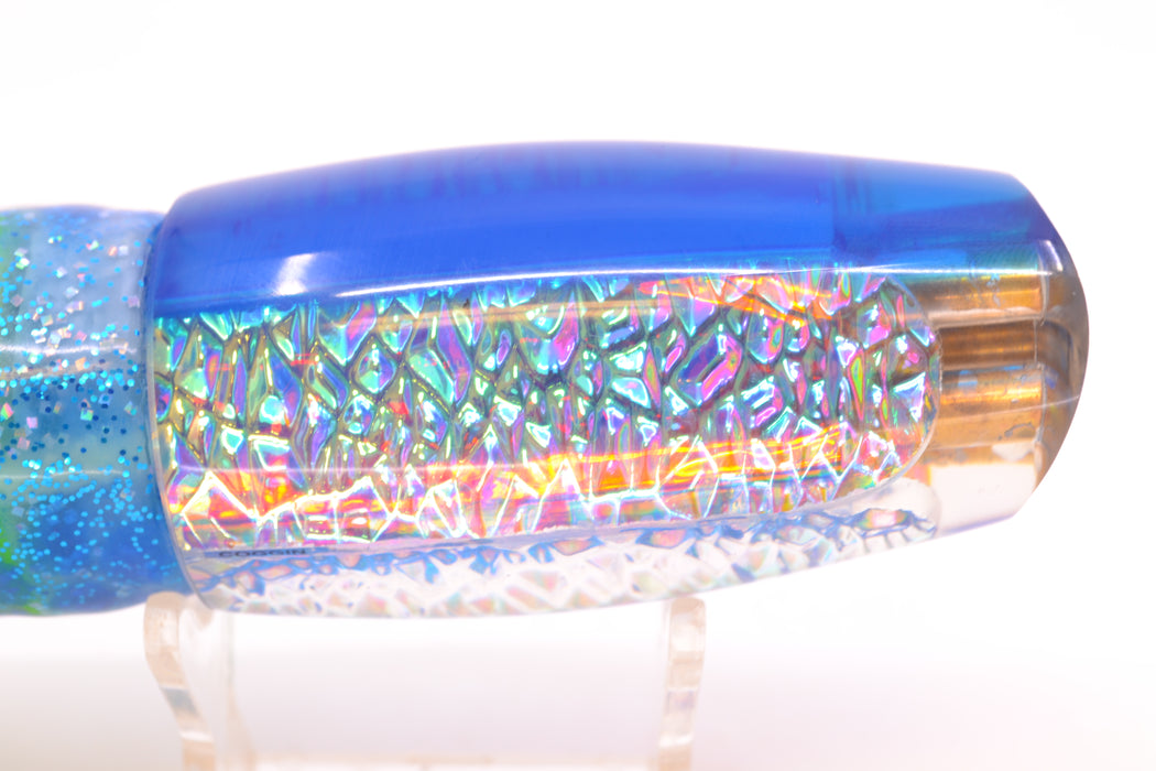 Coggin Lures Ice Rainbow Dichro Blue Back 4-Hole Copalure Scoop 12" 12oz Skirted Blue Dots