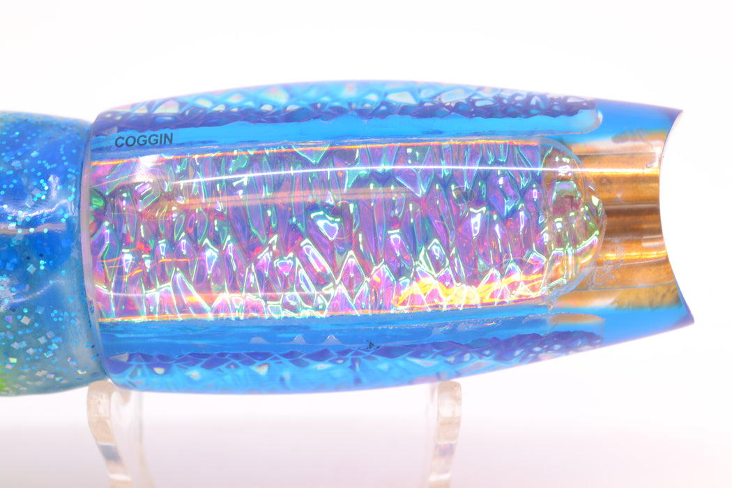 Coggin Lures Ice Rainbow Dichro Blue Back 4-Hole Copalure Scoop 12" 12oz Skirted Blue Dots