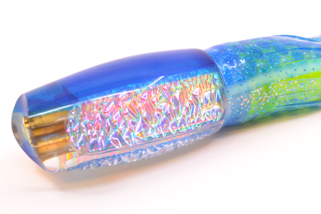 Coggin Lures Ice Rainbow Dichro Blue Back 4-Hole Copalure Scoop 12" 12oz Skirted Blue Dots