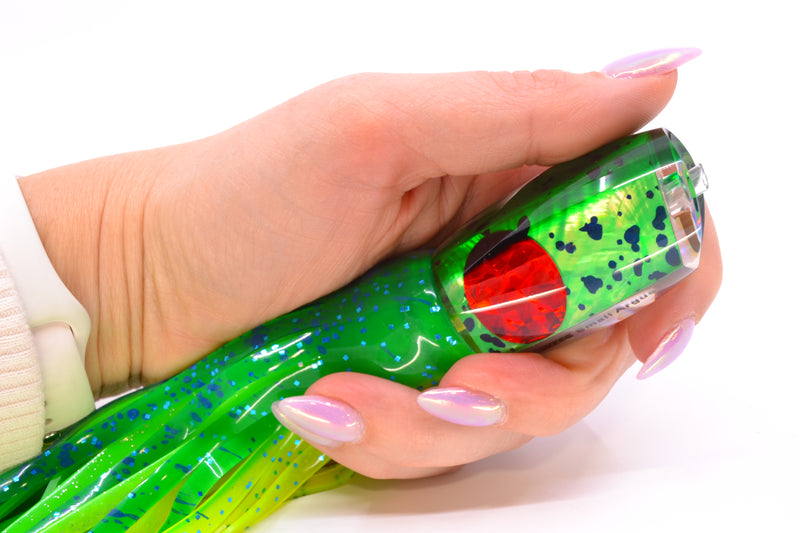 Moyes Lures Mahi MOP Green Back Red Eyes Small Argus 9" 3.5oz Skirted Mahi