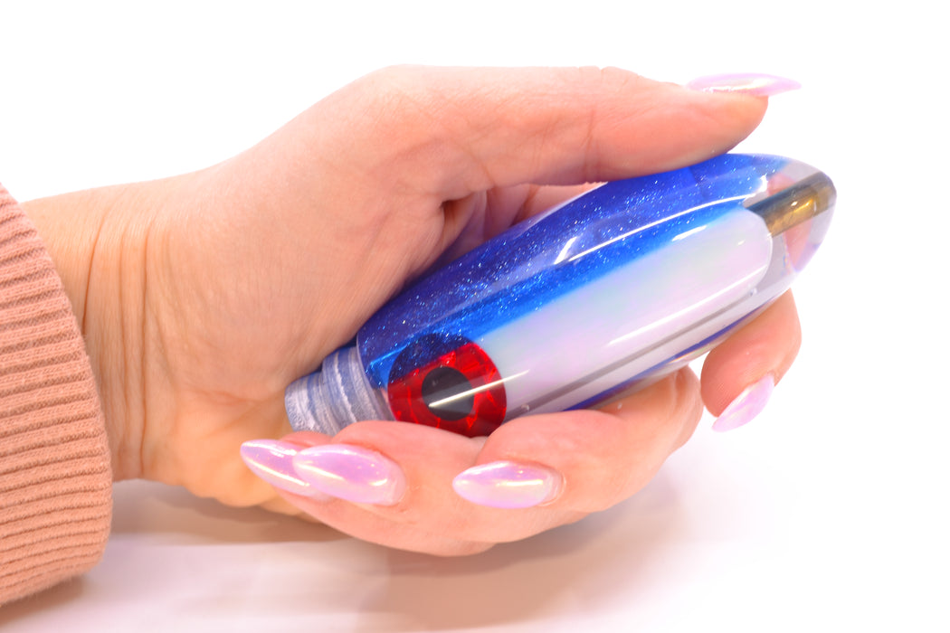 Coggin Lures White Pearl Glass Blue Back Black-Red Eyes Da Bomb Bullet 9" 6.7oz