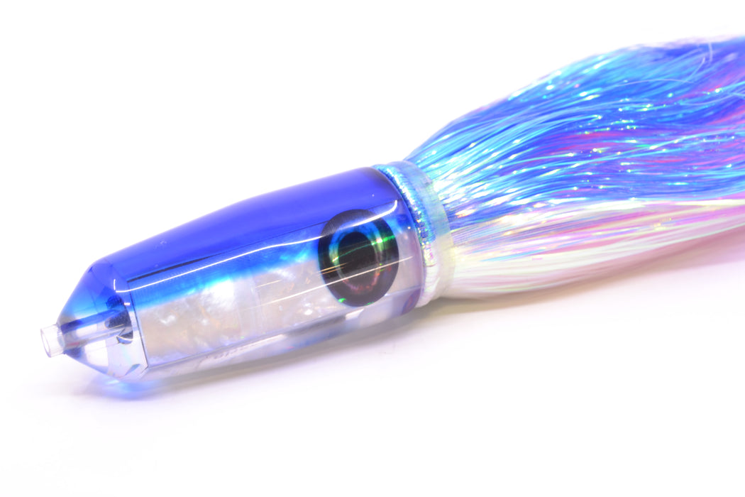 Moyes Lures White MOP Blue Back Sicario Bullet 8" 4.8oz Flashabou Blue-White/Pink GZE