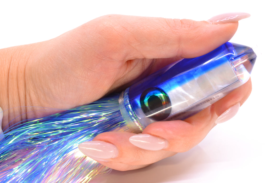 Moyes Lures White MOP Blue Back Sicario Bullet 8" 4.8oz Flashabou Blue-White/Pink GZE