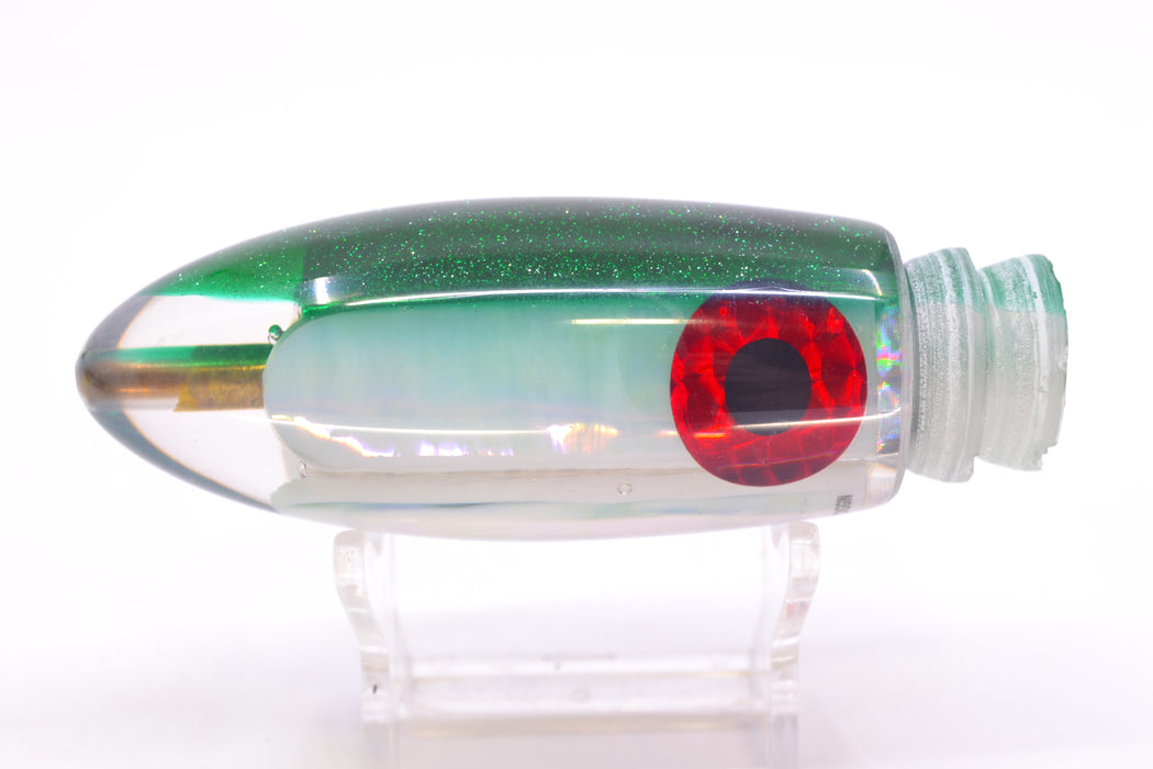Coggin Lures White Pearl Glass Green Back Black-Red Eyes Da Bomb Bullet 9" 6.7oz