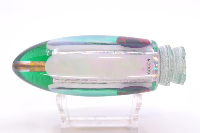 Coggin Lures White Pearl Glass Green Back Black-Red Eyes Da Bomb Bullet 9" 6.7oz