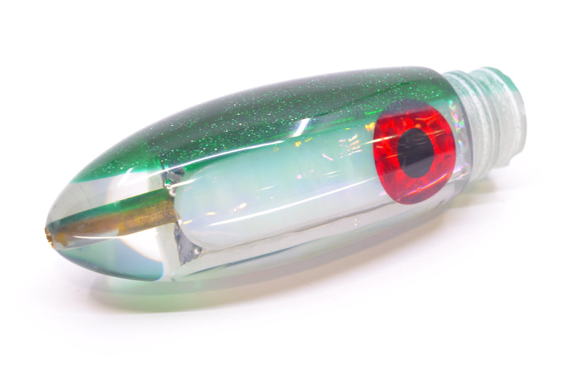 Coggin Lures White Pearl Glass Green Back Black-Red Eyes Da Bomb Bullet 9" 6.7oz
