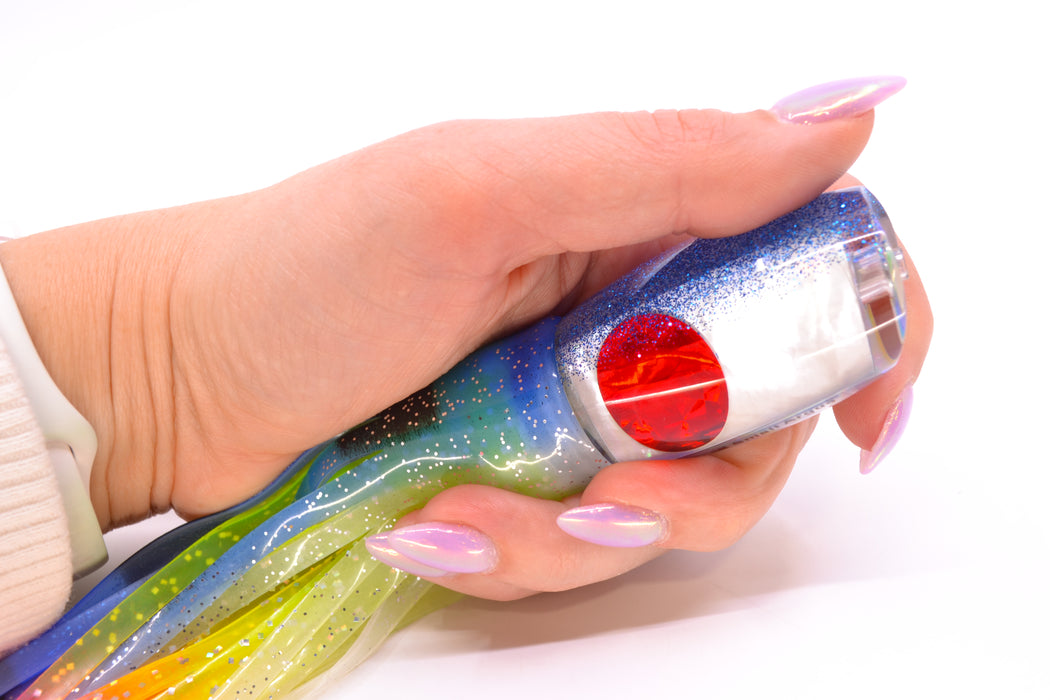 Moyes Lures White MOP Blue Back Red Eyes Small Argus 9" 3.5oz Skirted Fruit Salad