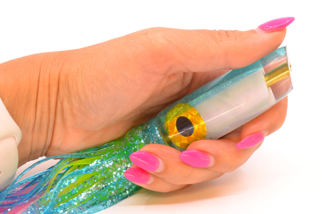 Coggin Lures White Pearl Glass Ice Blue Back Malolo Fying Fish 7" 3oz Skirted Ice Blue/Rainbow