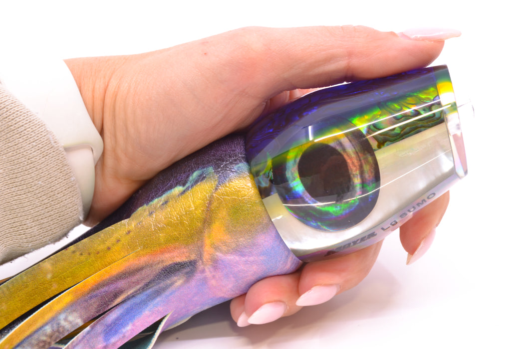 Moyes Lures Yellowfin Paua-MOP Blue-Yellow Back Large Sumo 14" 10.3oz ALV Vinyl Yellowfin GZE