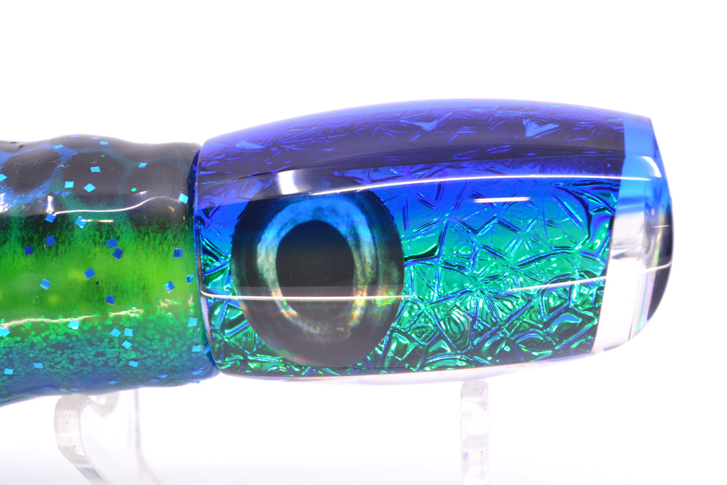 Moyes Lures Blue-Green Oil Slick Blue Back Taxi Eyes Small Argus 9" 3.5oz Skirted