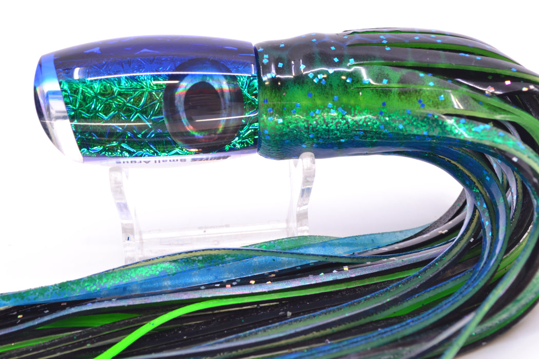 Moyes Lures Blue-Green Oil Slick Blue Back Taxi Eyes Small Argus 9" 3.5oz Skirted