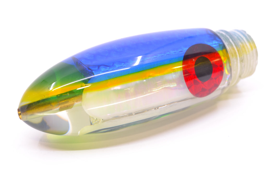 Coggin Lures White Pearl Glass Blue-Yellow Back Black-Red Eyes Da Bomb Bullet 9" 6.7oz