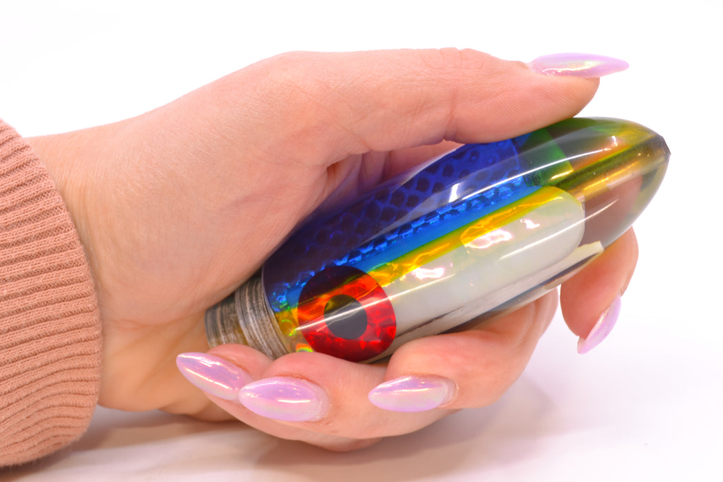 Coggin Lures White Pearl Glass Blue-Yellow Back Black-Red Eyes Da Bomb Bullet 9" 6.7oz